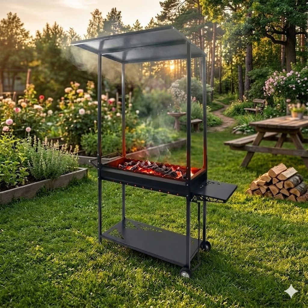Мангал ROYALGRILL 1220х380х1950мм стационарный, разборный, с крышей, 80-279
