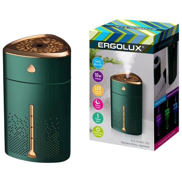 Увлажнитель воздуха ERGOLUX  ELX-HUM01-C05, 5Вт,1л, расп. 100мл/час, подсв.микс, зелено-золотой 8895