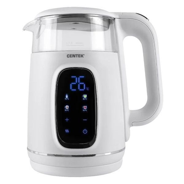Чайник Centek CT-0052 White 1,7л 2200Вт 2стенки Стекло LED-дисплей t:40/80/90/100°С Сенсор Подогрев