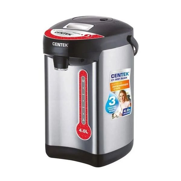 Термопот Centek CT-0081 (черный), 4л, 850Вт, 3 способа подачи воды, корпус из нержавеющей стали